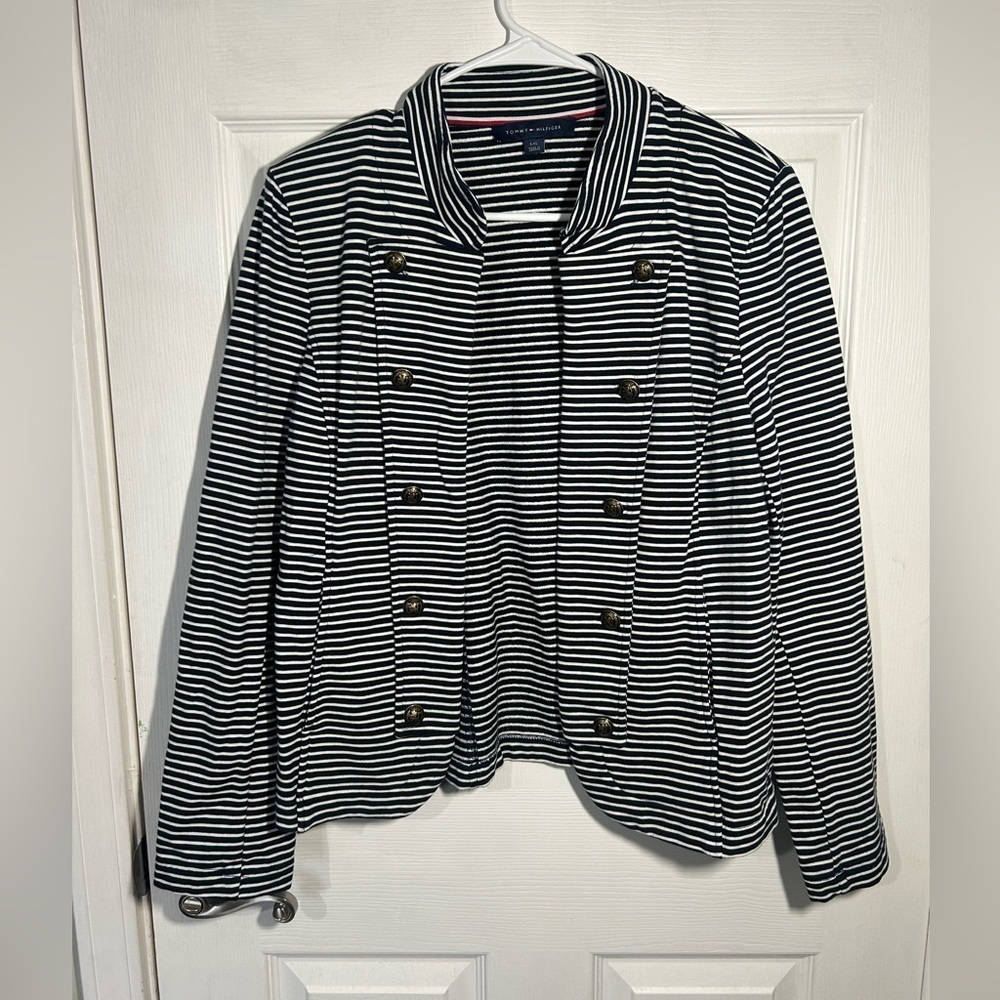Tommy Hilfiger Striped Puff Sleeve Open Blazer Jacket Navy Large Gold Button - Picture 2 of 16
